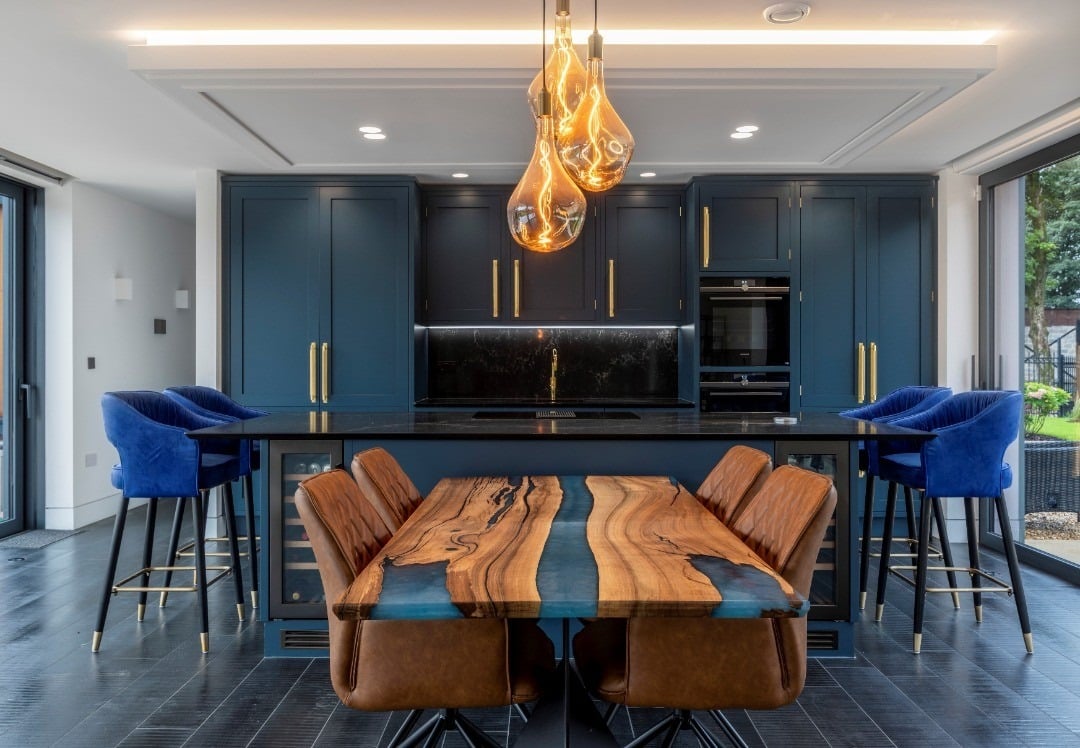 6. Bold Luxury with Blue and Walnut Fusion - dark blue kitchen ideas
