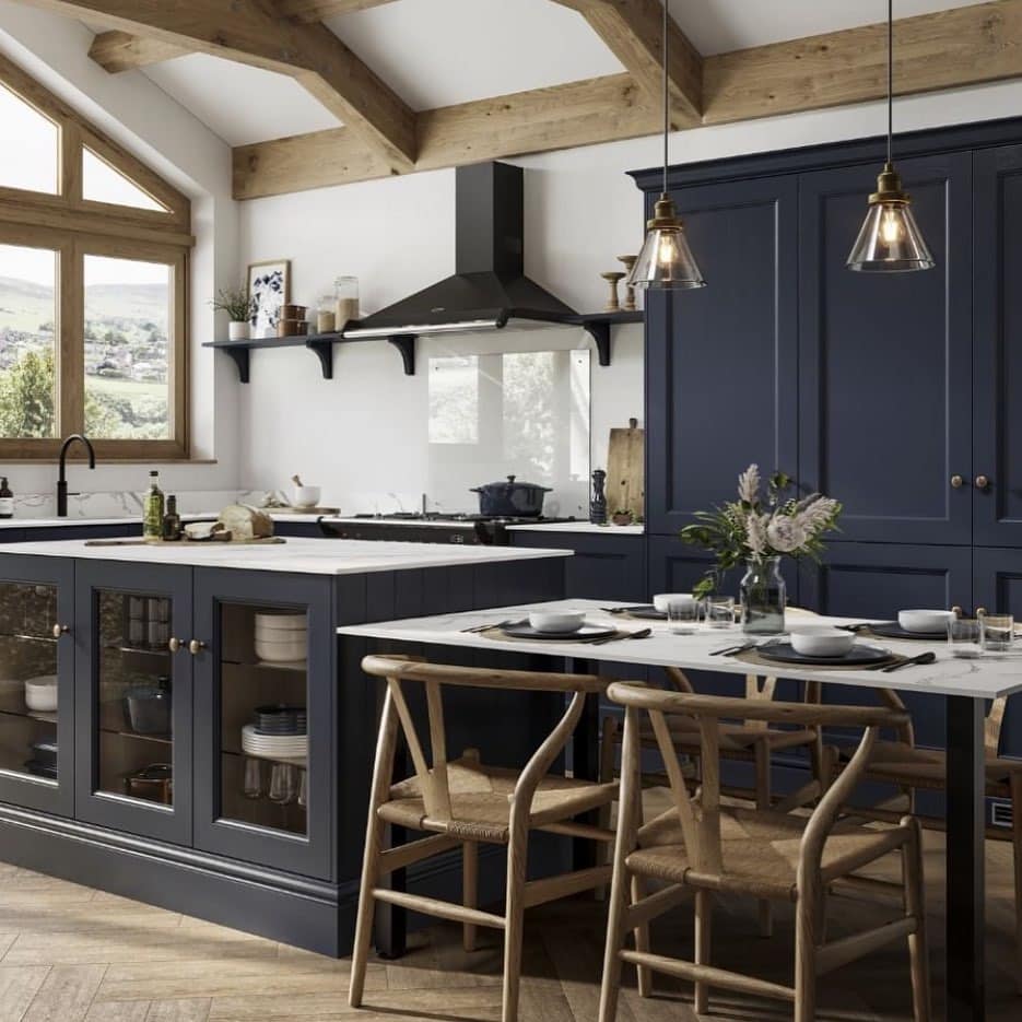 10. Country Chic with Blue and Natural Timber - dark blue kitchen ideas