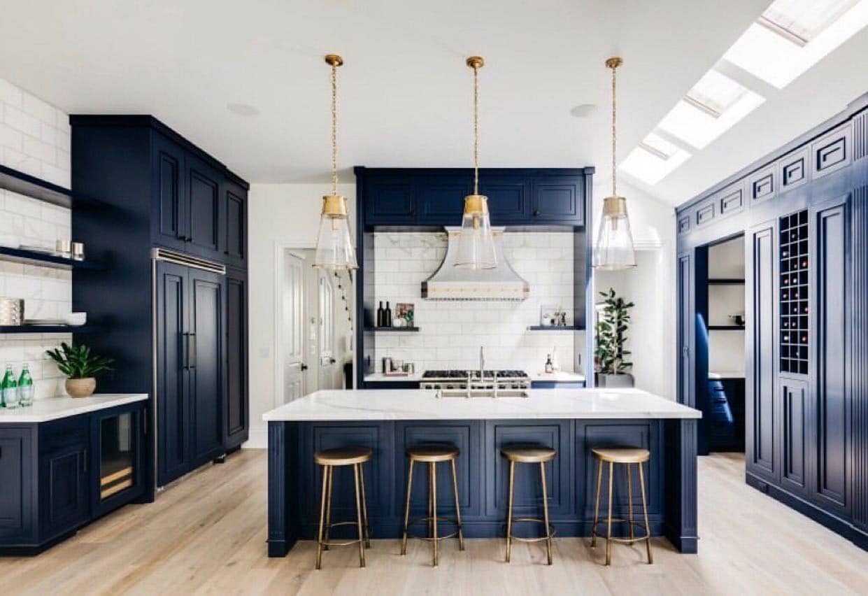 16. Refined Traditional Kitchen in Deep Navy and Gold - dark blue kitchen ideas