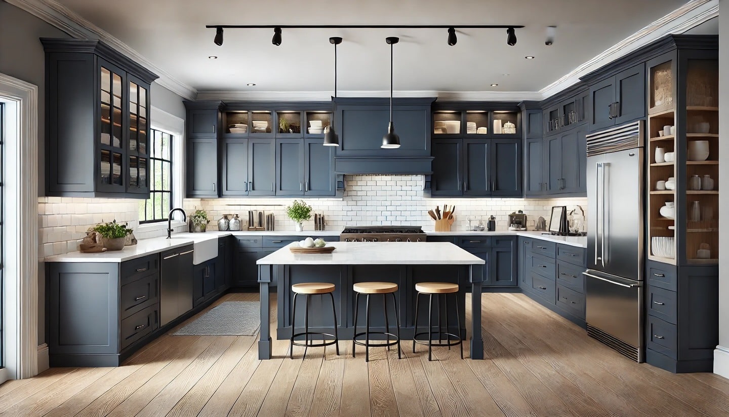 20. Grand Classic Kitchen in Smoky Blue and White - dark blue kitchen ideas