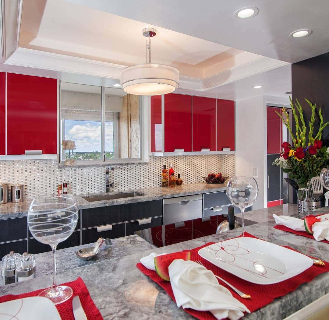 4. Crimson Accents in a Polished Space - contemporary kitchen ideas