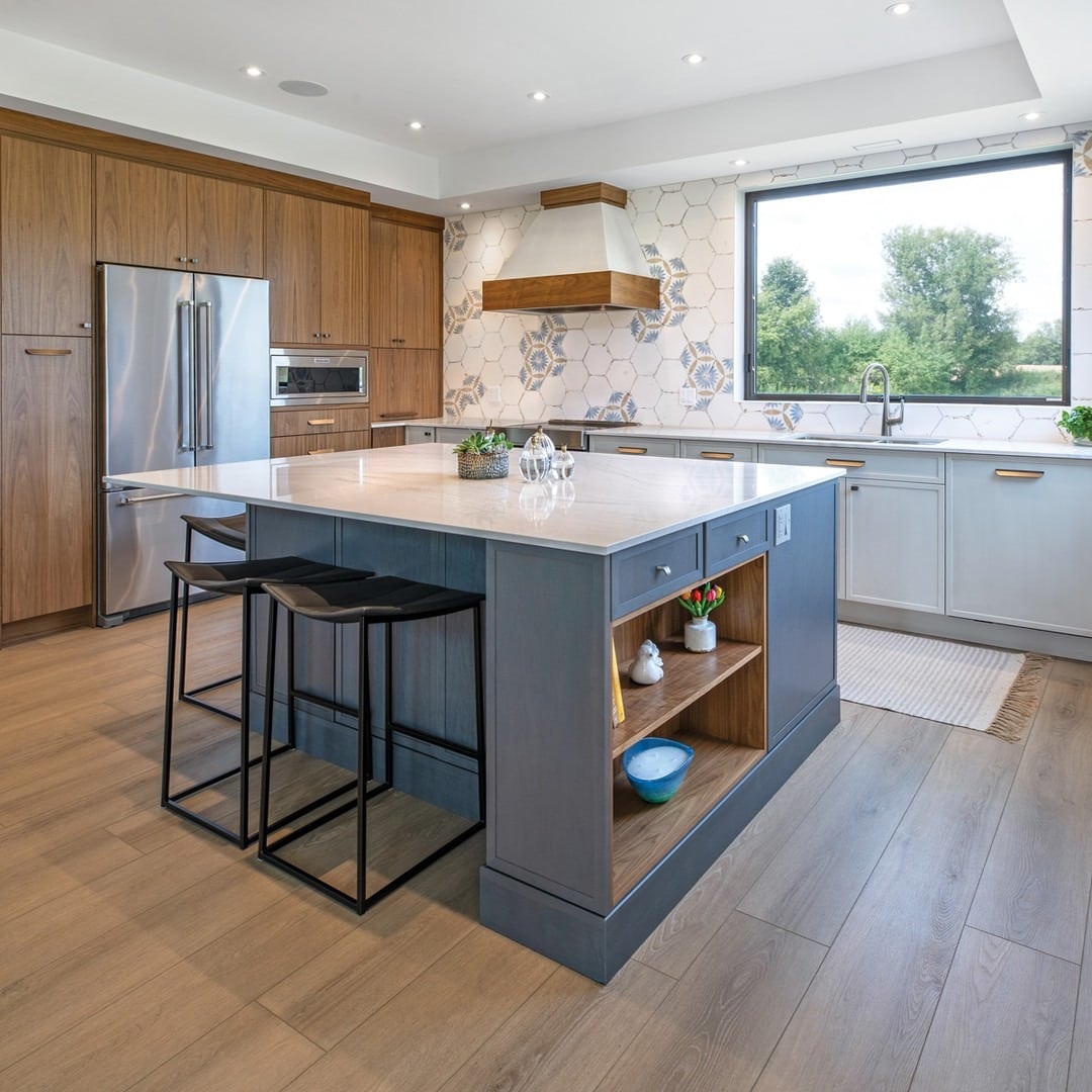 11. Modern Warmth with Blue-Grey Balance - contemporary kitchen ideas