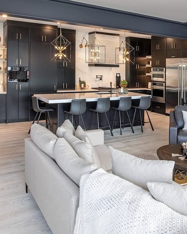 17. Sleek Contrast with Gold Accents - contemporary kitchen ideas