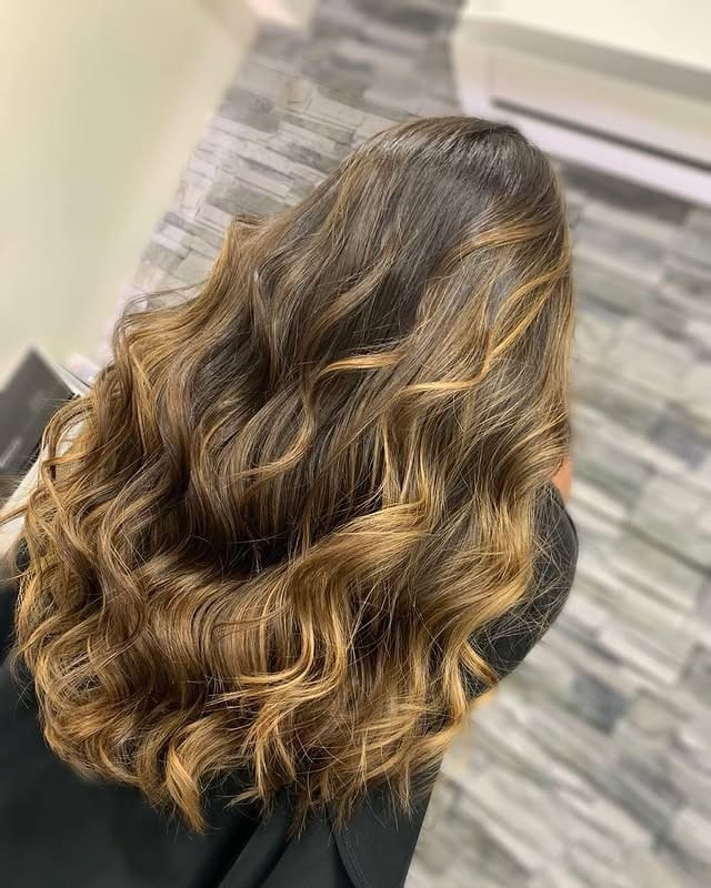 13. Golden Chestnut Balayage Waves - Balayage Hair Colors