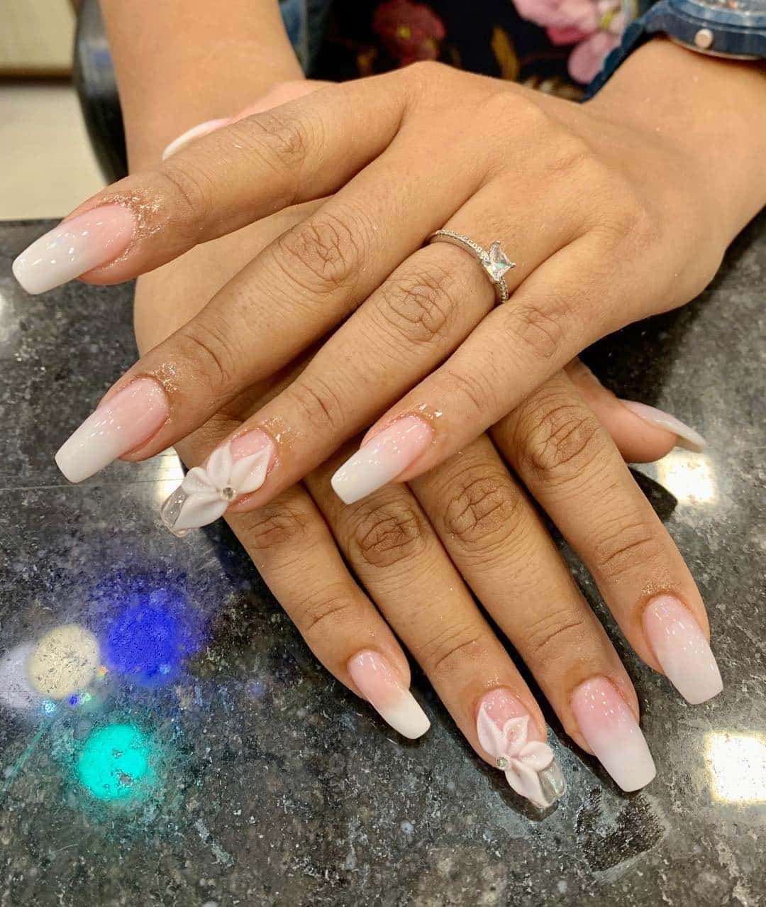 1. Soft Pink Ombre with 3D Floral Accent - long coffin nail ideas