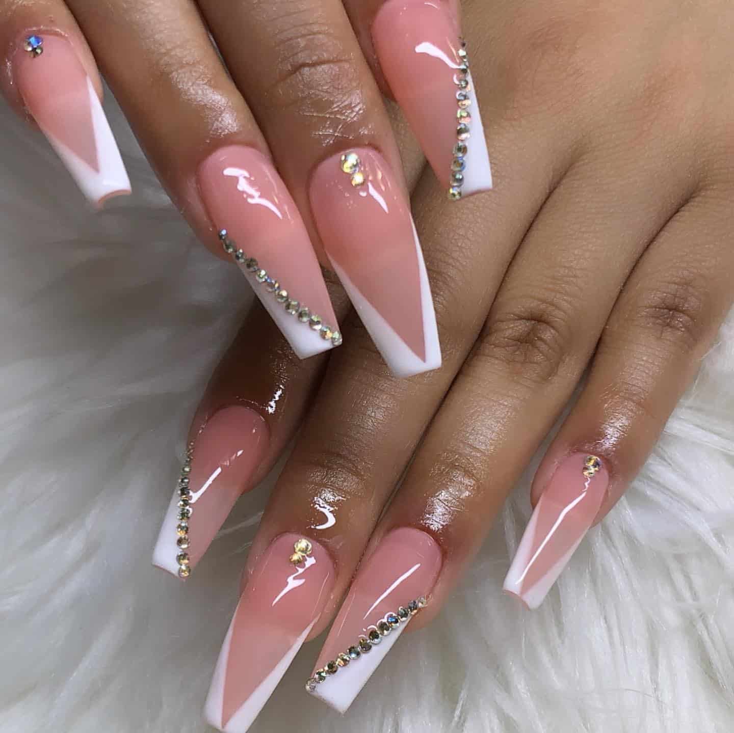 9. White-Tipped Ombre with Crystal Linework - long coffin nail ideas