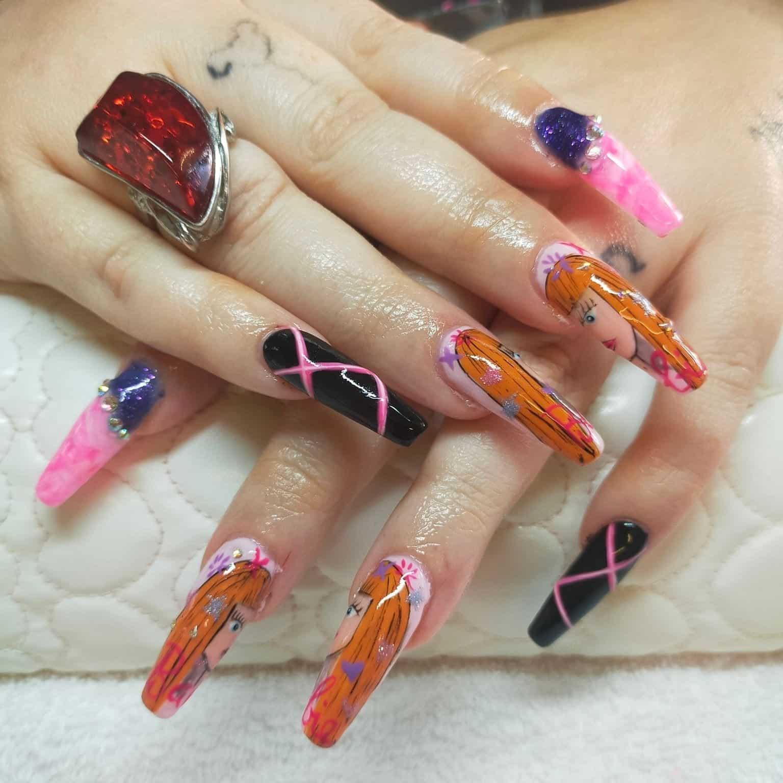 15. Pop Art Character Nails with Bright Contrasts - long coffin nail ideas