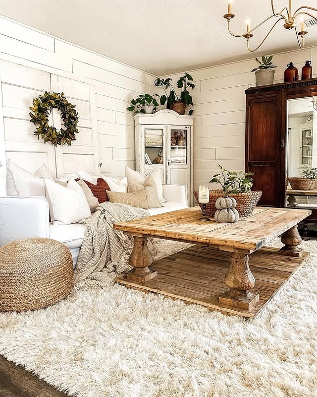 3. Rustic Farmhouse Comfort in Natural Neutrals - fall living room decor ideas
