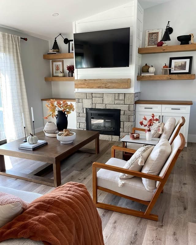 7. Modern Farmhouse Warmth with Natural Woods - fall living room decor ideas