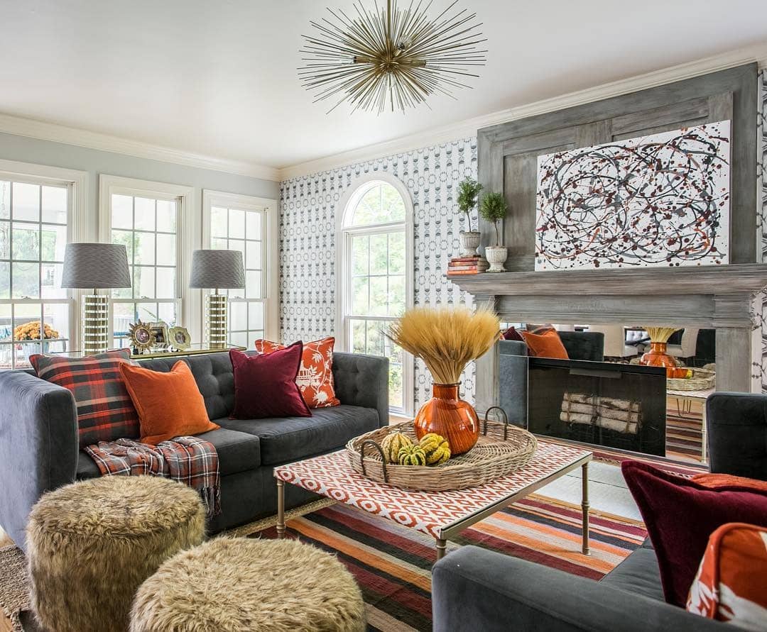 9. Eclectic Autumn Mix with Bold Pattern Play - fall living room decor ideas