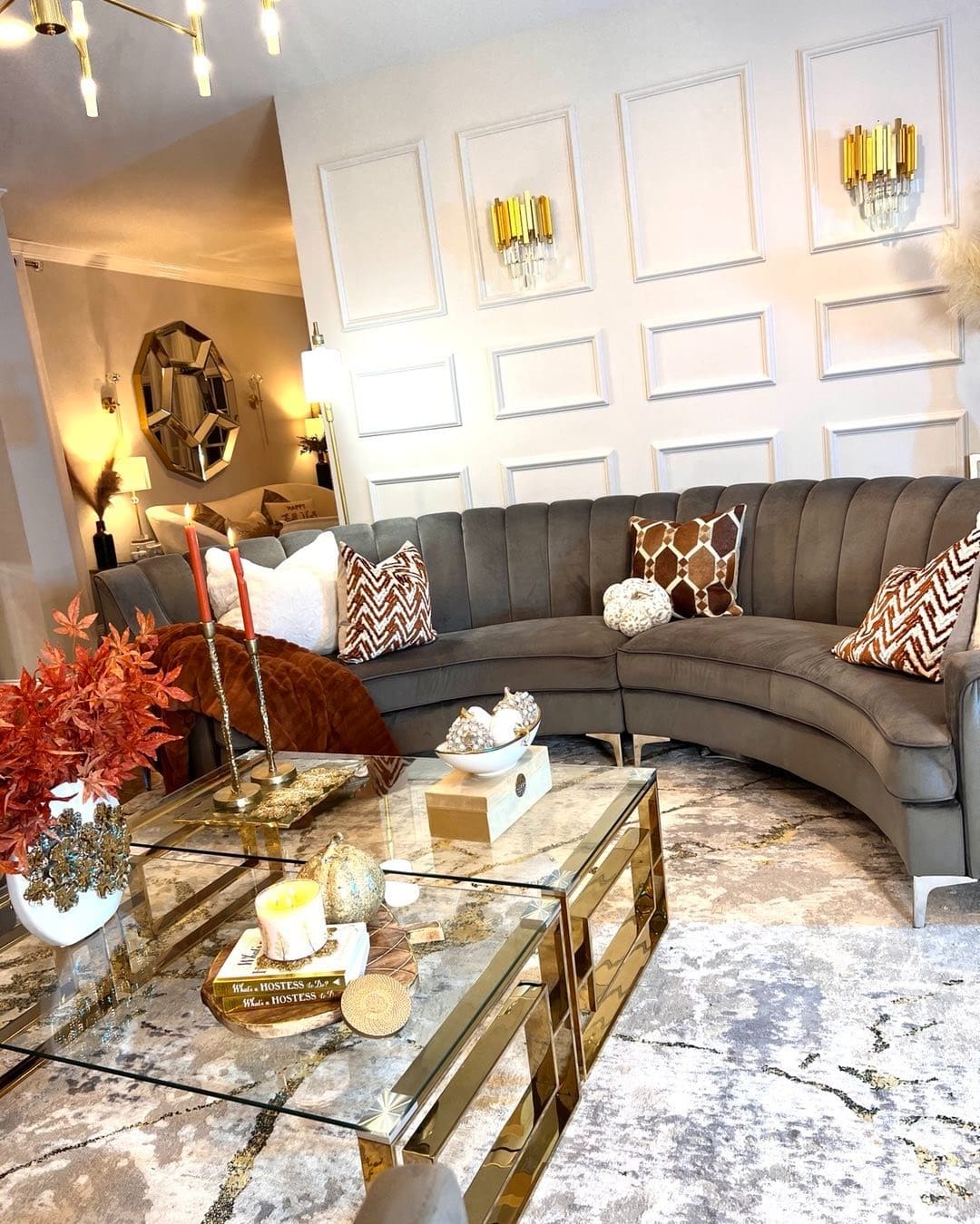 12. Modern Glam with Bronze and Mocha Tones - fall living room decor ideas
