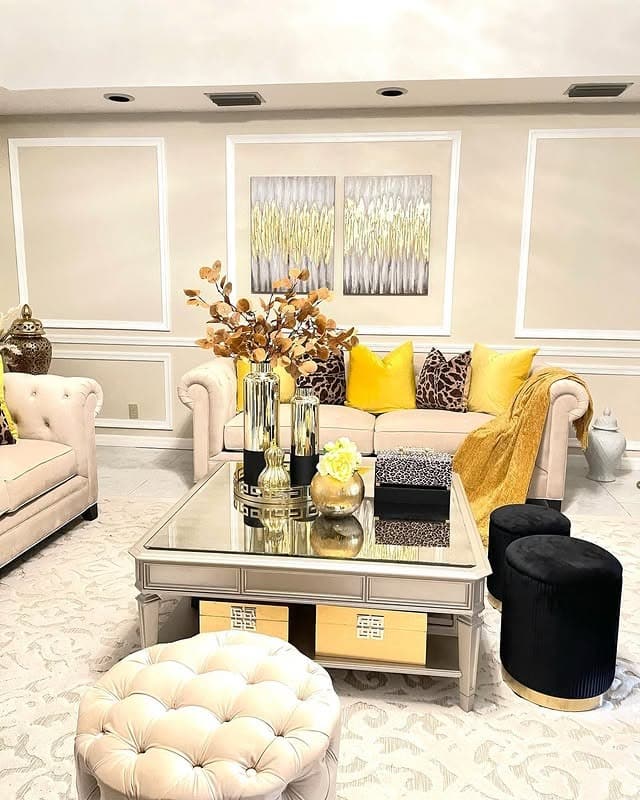 13. Golden Elegance with Mustard and Cream Accents - fall living room decor ideas