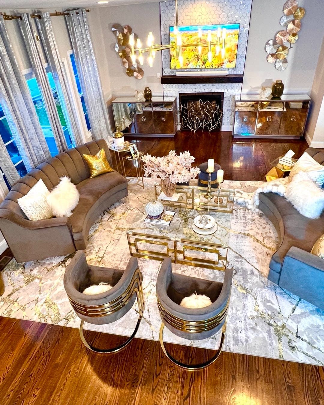17. Gilded Glamour with Gray and Gold Layers - fall living room decor ideas