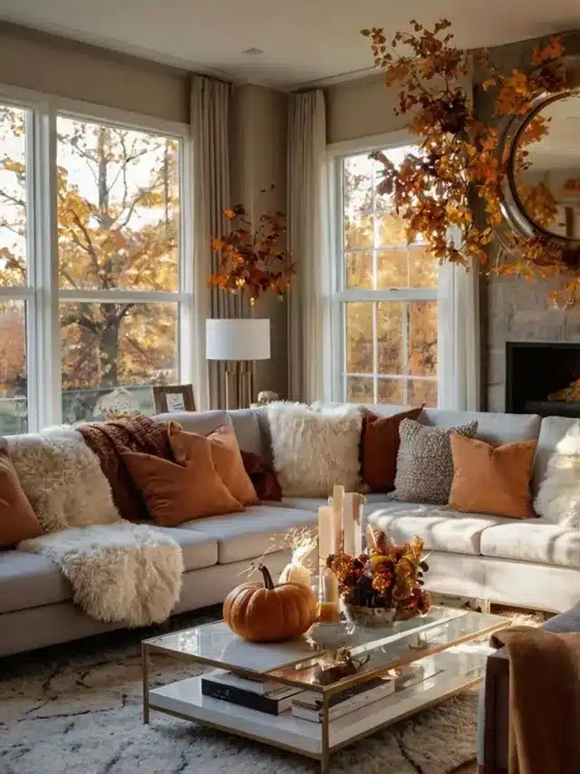 22. Golden Autumn Glow with Amber and Taupe Accents - fall living room decor ideas