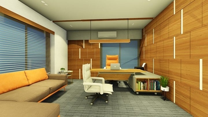 5. Understated Luxury in Wood and Orange - orange office ideas