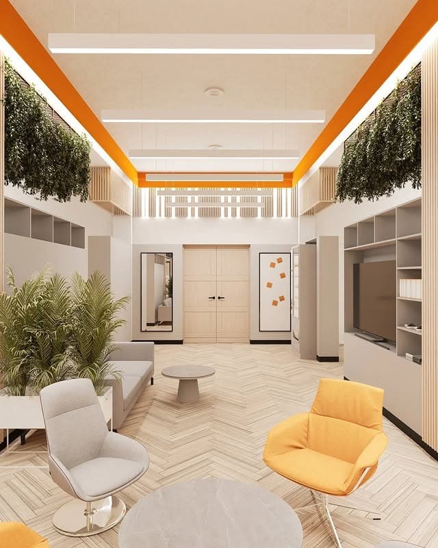 13. Contemporary Lounge with Amber Highlights - orange office ideas