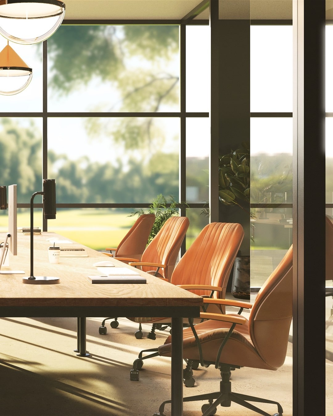 14. Sunlit Workspace with Leather Elegance - orange office ideas