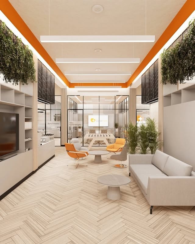 19. Sleek Collaboration Space with Tangerine Charm - orange office ideas