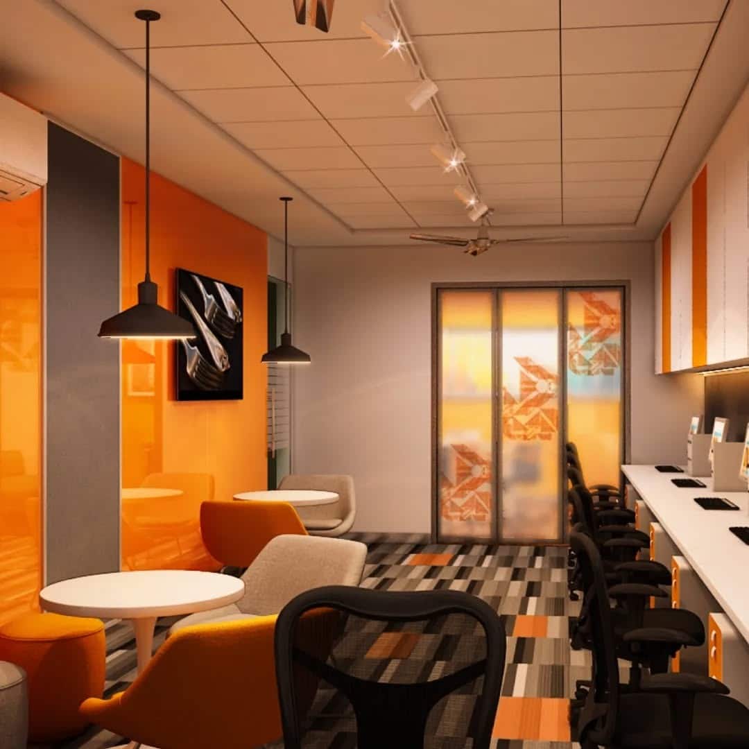 20. Urban Co-Work Style with Bold Orange Detailing - orange office ideas