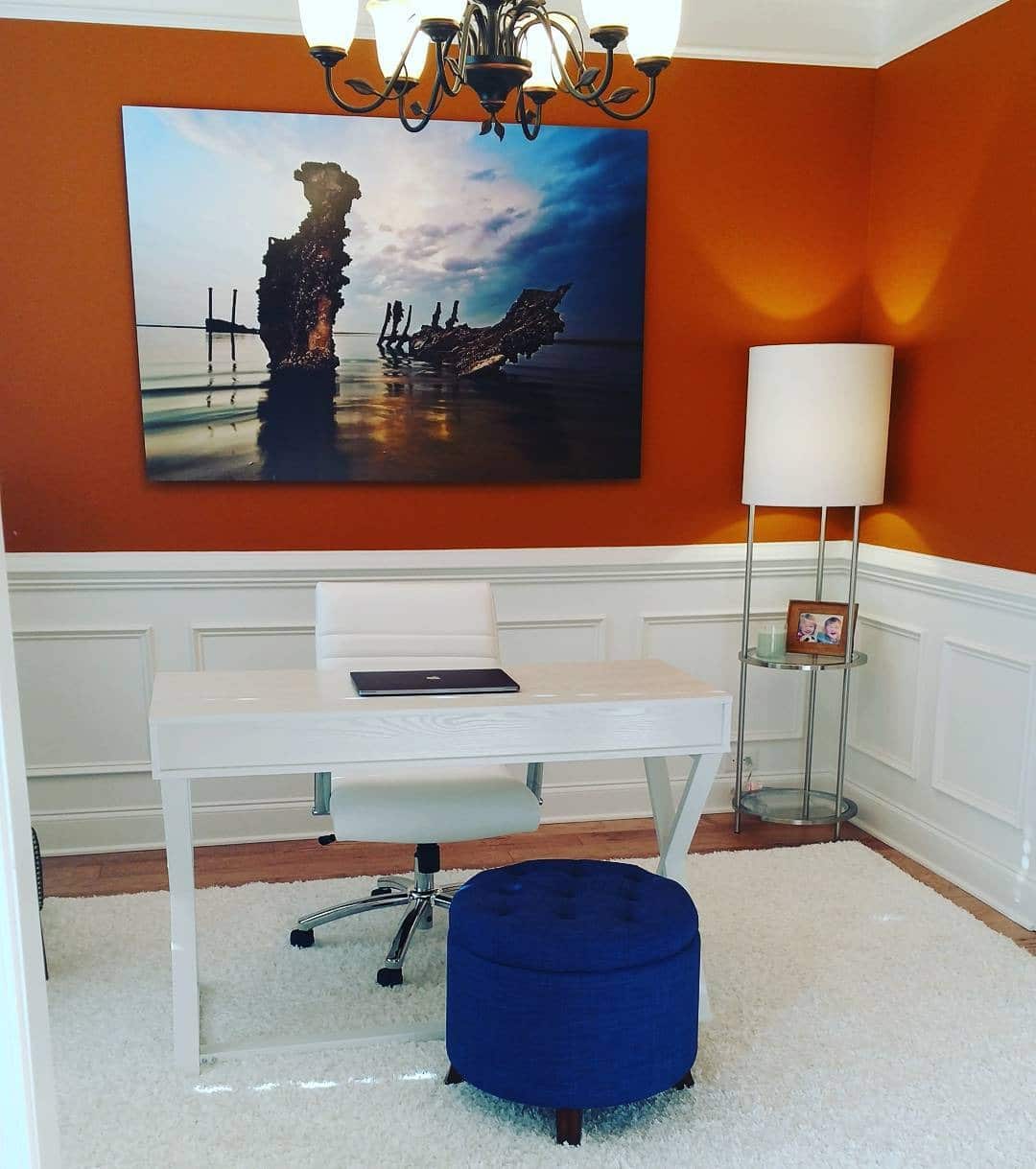 22. Classic Elegance with a Pop of Blue - orange office ideas