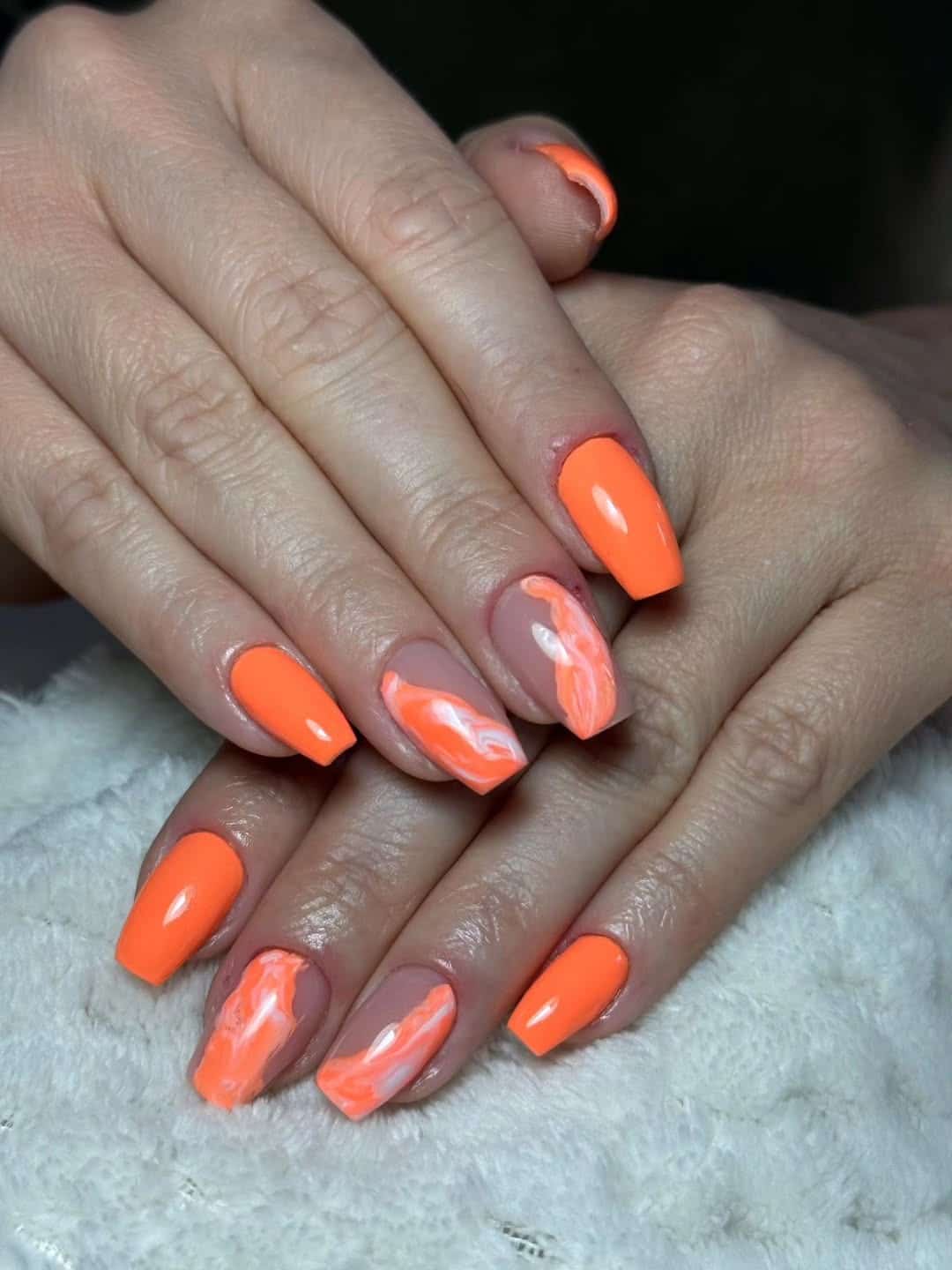 10. Marble Neon Fusion - neon orange nail ideas