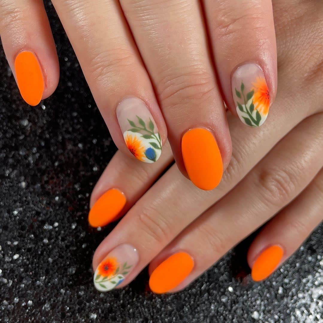 11. Neon Floral Garden Nails - neon orange nail ideas