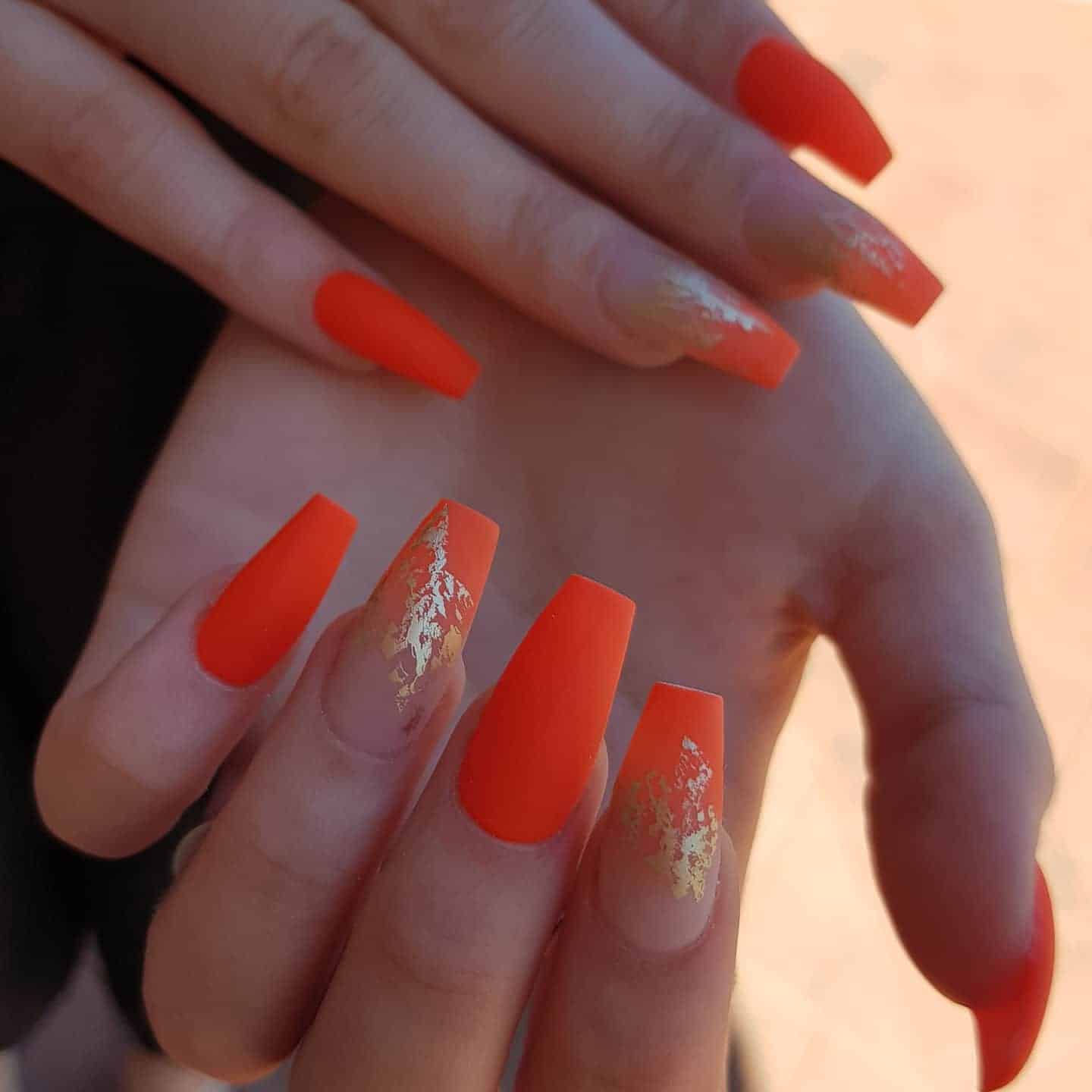 19. Gold-Leaf Neon Ombre Nails - neon orange nail ideas