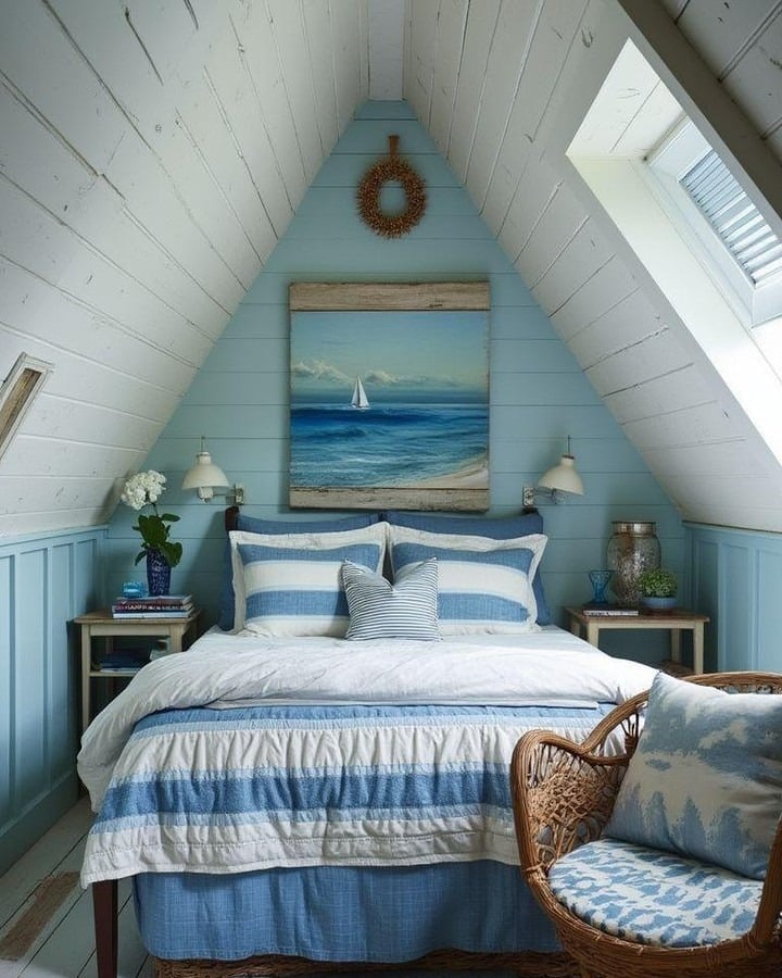 12. Coastal Loft Charm in Sky Blue and White - teal and white bedroom ideas