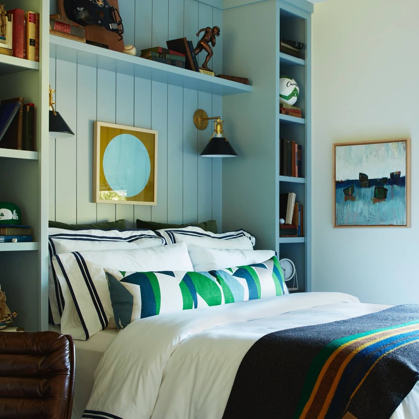 13. Tailored Teal Built-in Retreat - teal and white bedroom ideas