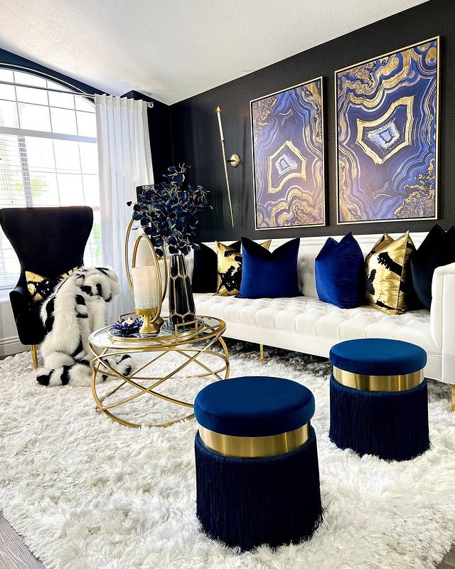 1. Modern Glam with Deep Blue Accents - blue and gold living room ideas