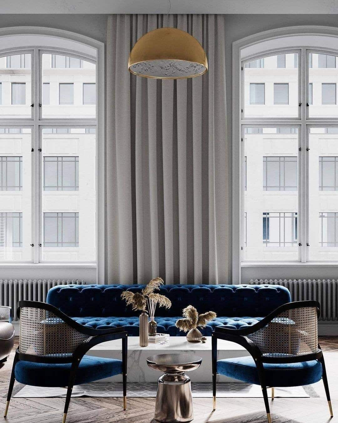 3. Minimal Luxe with Architectural Flair - blue and gold living room ideas