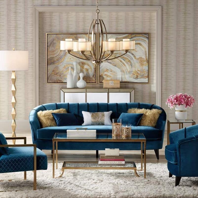4. Classic Elegance with Gold Detailing - blue and gold living room ideas