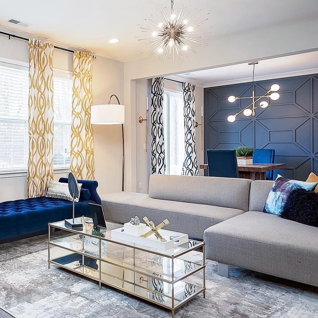 12. Pattern Play in Blue and Gold - blue and gold living room ideas