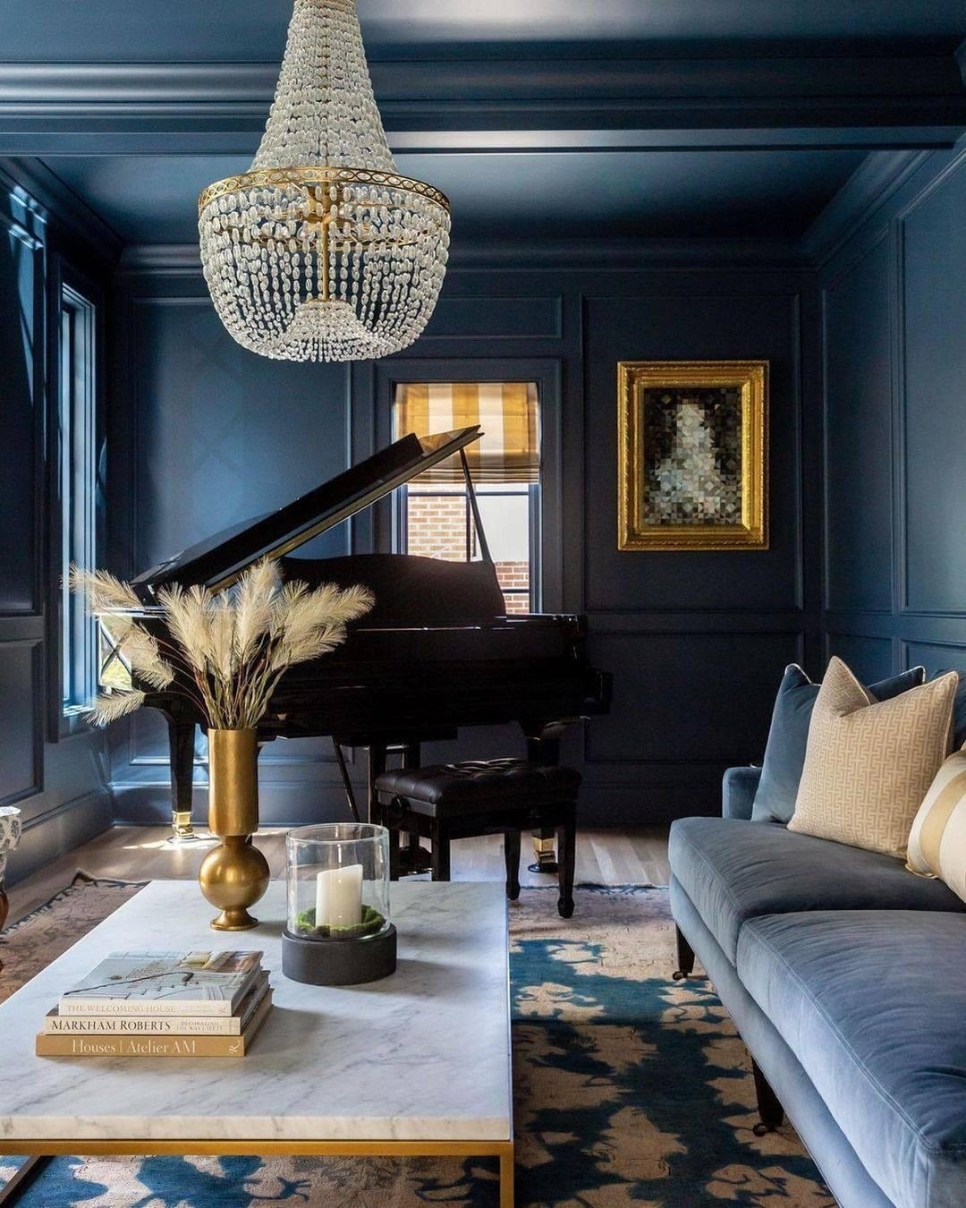 13. Classic Grandeur in Deep Blue and Brass - blue and gold living room ideas