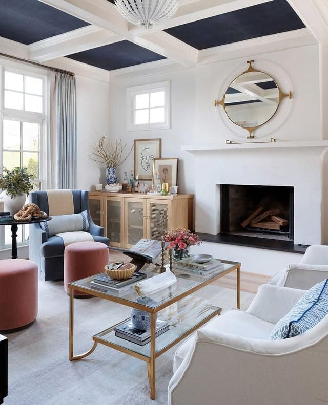 17. Modern Classic with Ceiling Drama - blue and gold living room ideas
