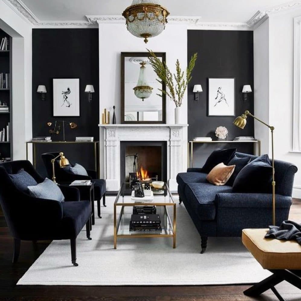 21. Monochrome Elegance with Gold Accents - blue and gold living room ideas