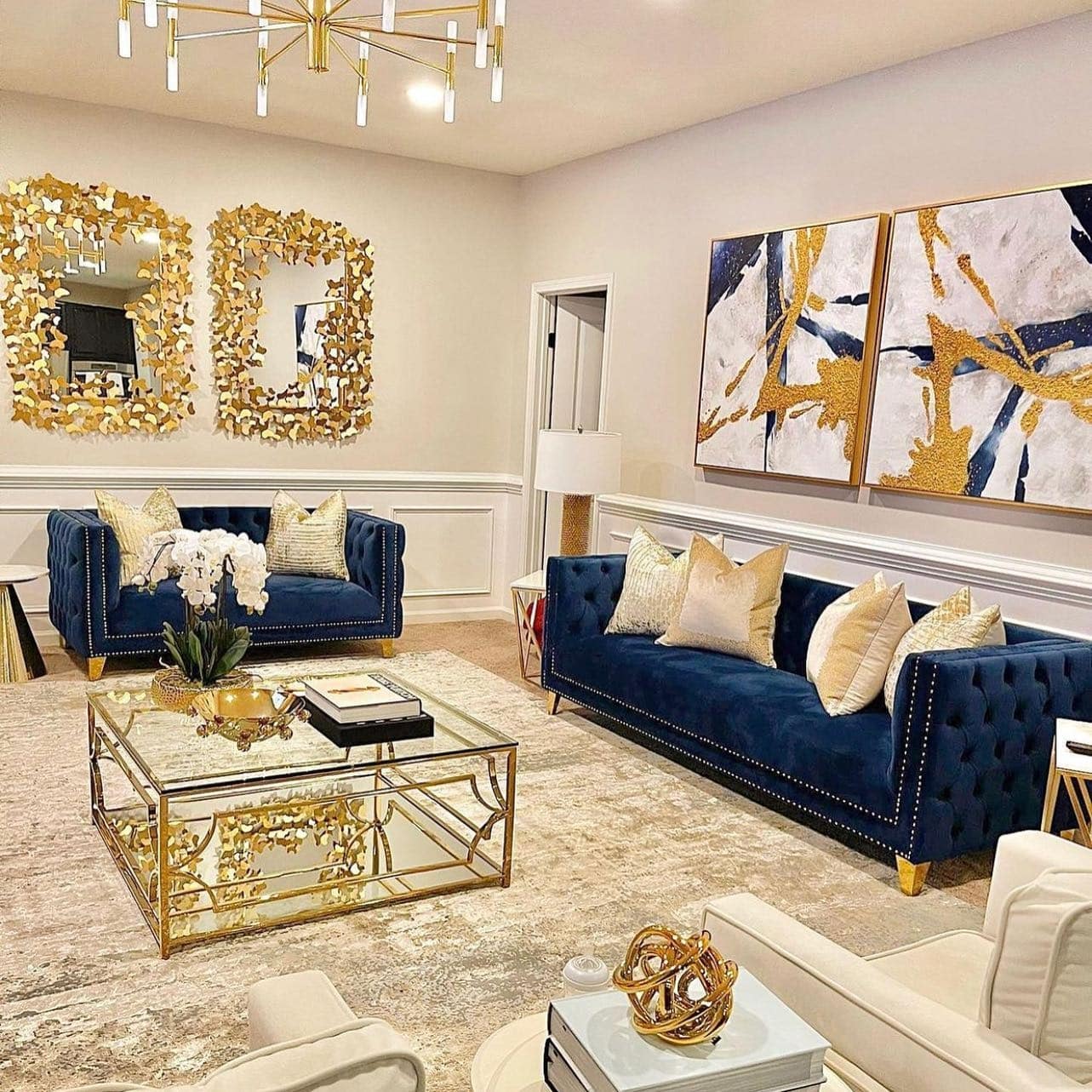22. Glamorous Navy and Gold Perfection - blue and gold living room ideas