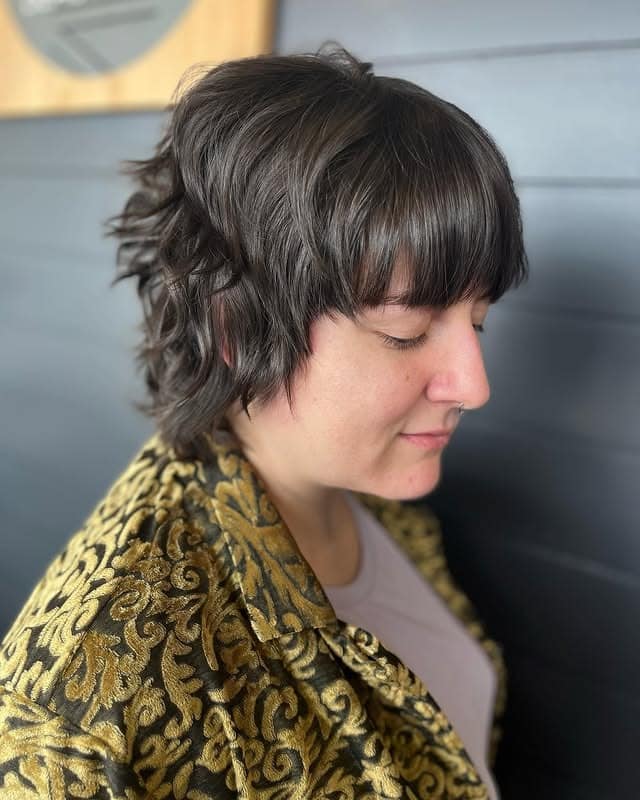 8. Curly Espresso Shag with Micro Fringe - Short Shag Haircuts