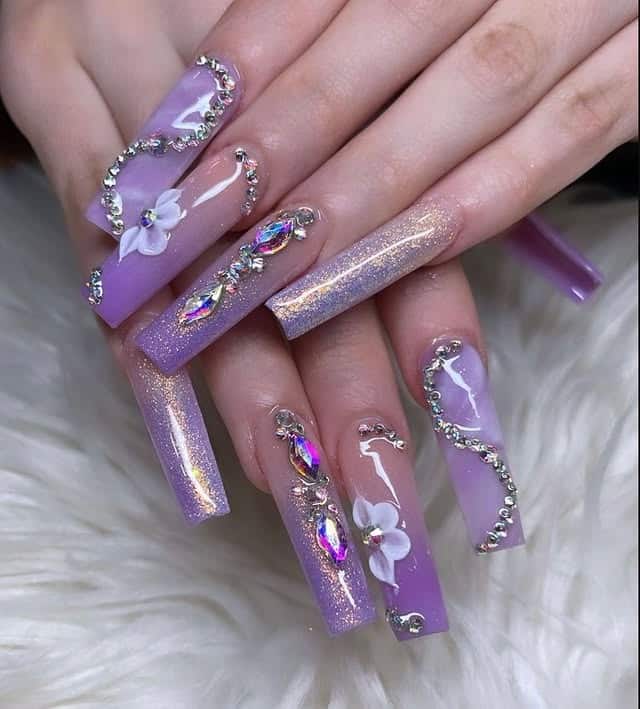 4. Lavender Luxe – 3D Crystal Coffin Nails - new years eve nail ideas