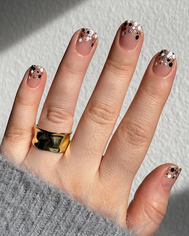 9. Frosted Confetti – Silver and Black Dot Short Nails - new years eve nail ideas
