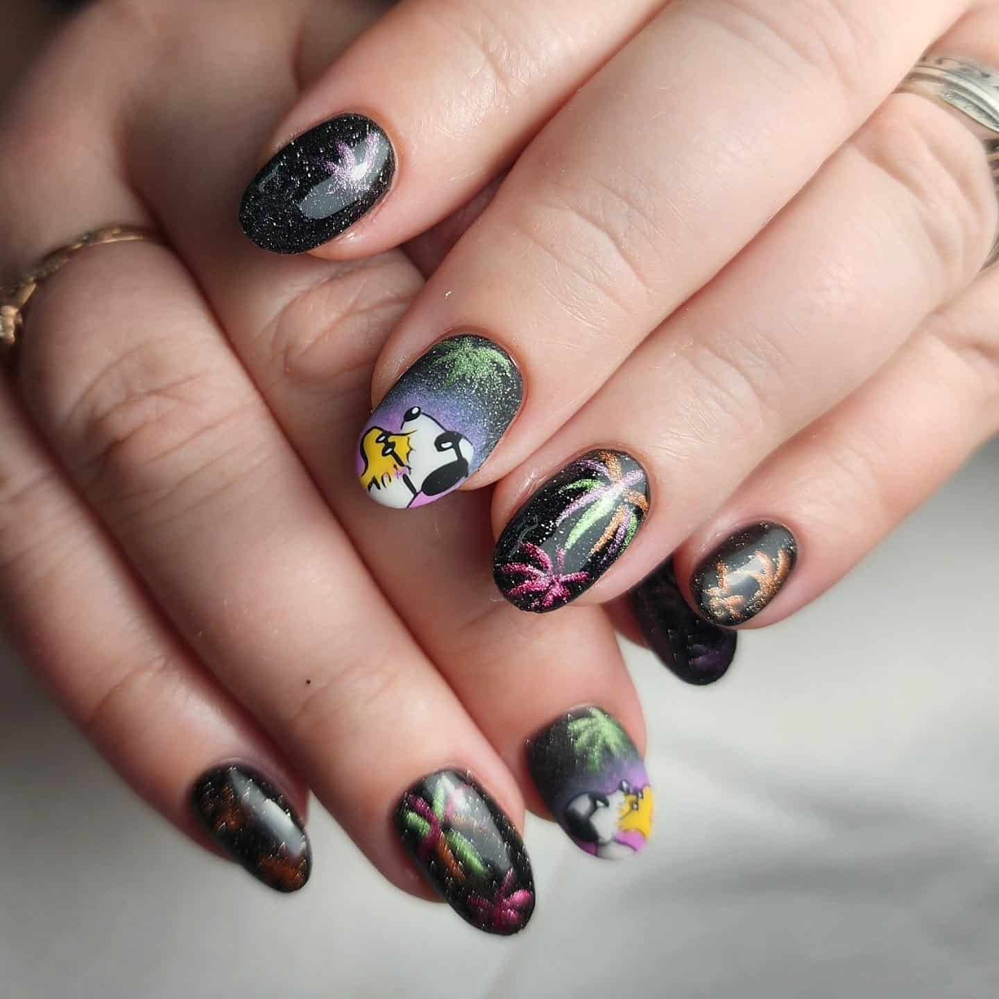 11. Firework Fantasy – Black and Neon Celebration Nails - new years eve nail ideas