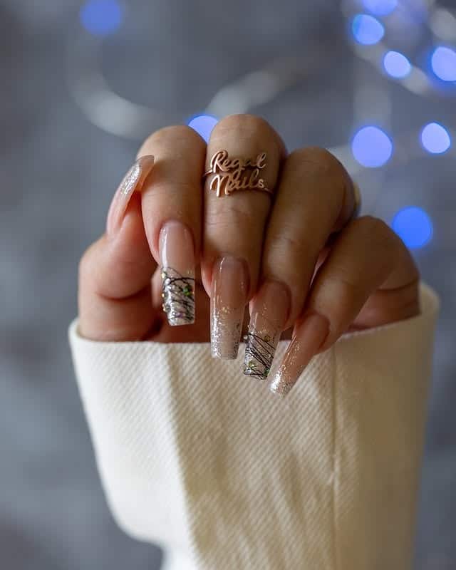 16. Champagne Ribbon – Silver Glitter Coffin Nails - new years eve nail ideas