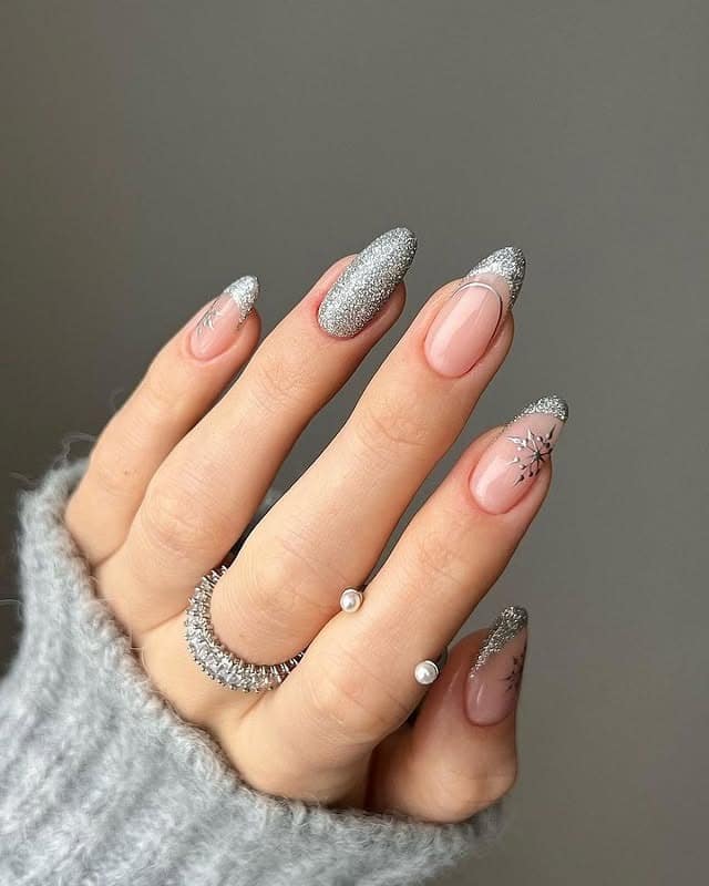 21. Silver Frost Tips – Glitter French Almond Nails - new years eve nail ideas
