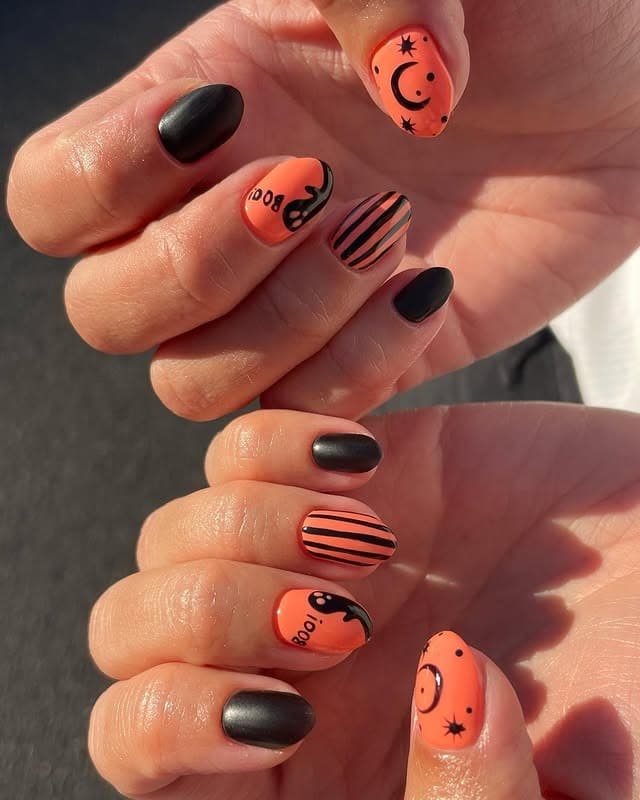 9. Boo & Stripes Mini Art - orange and black nail ideas