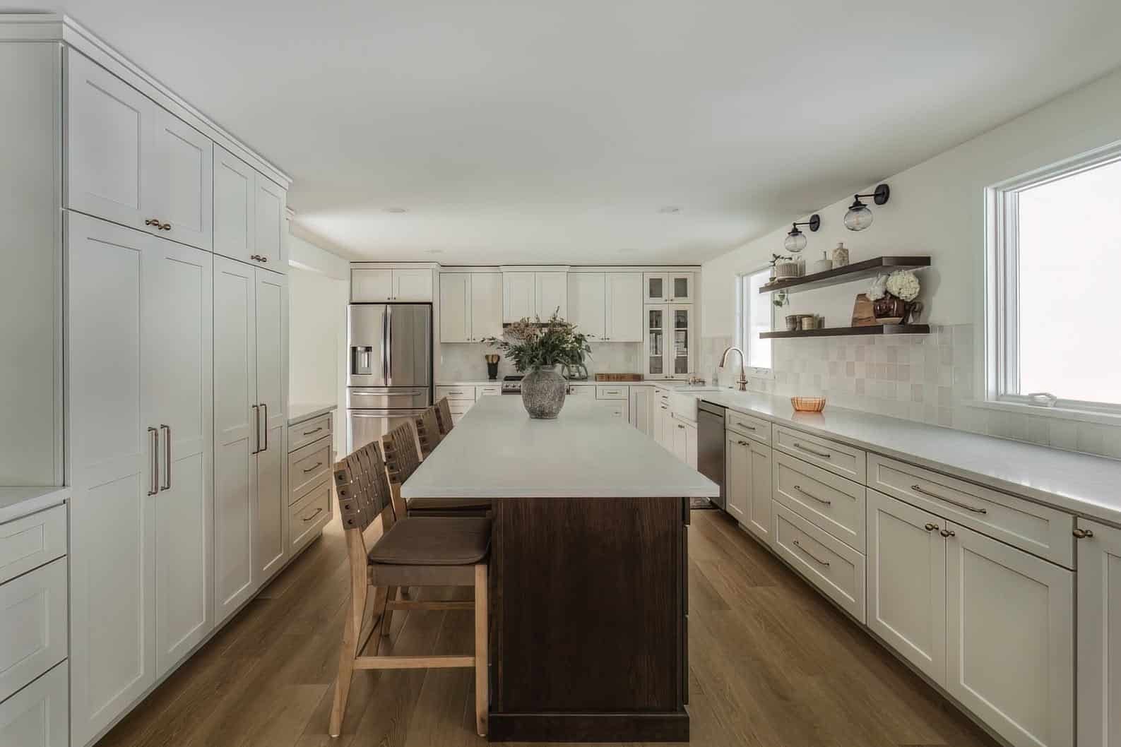 3. Transitional Warmth with Subtle Contrast - backsplash ideas for white kitchen