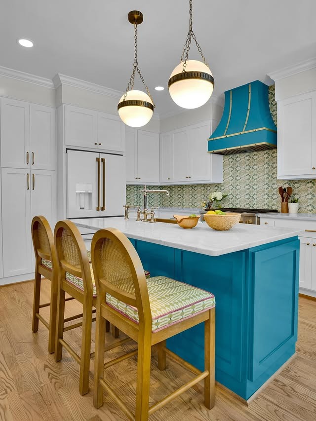 7. Vibrant Charm in Aqua and Gold - backsplash ideas for white kitchen
