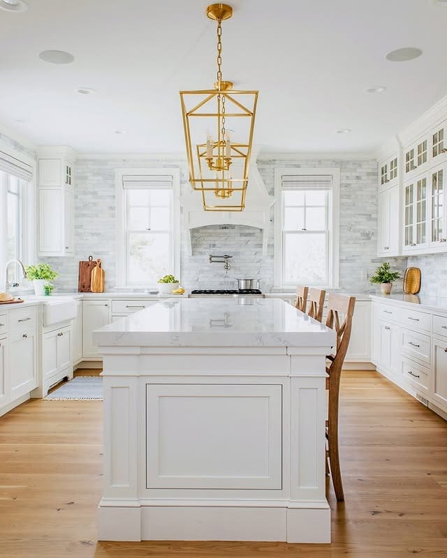 9. Classic White with Golden Geometry - backsplash ideas for white kitchen