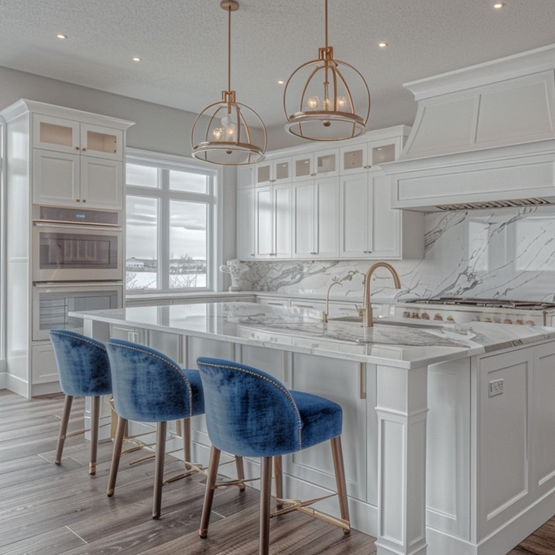 15. Marble Harmony with Blue Velvet Seating - backsplash ideas for white kitchen