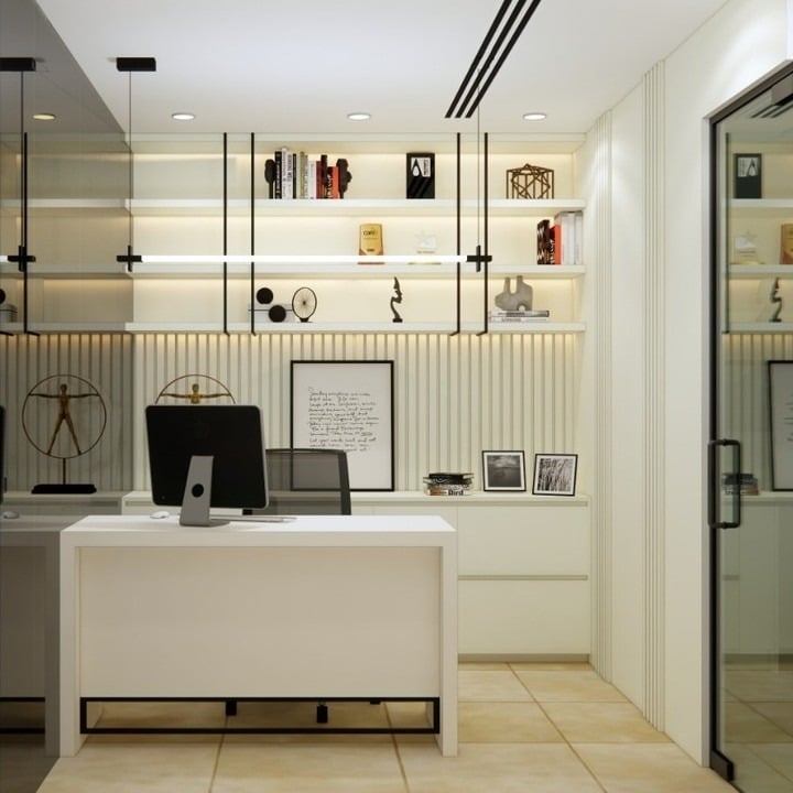 1. Sleek Modern Workspace in Warm Neutrals - simple office ideas