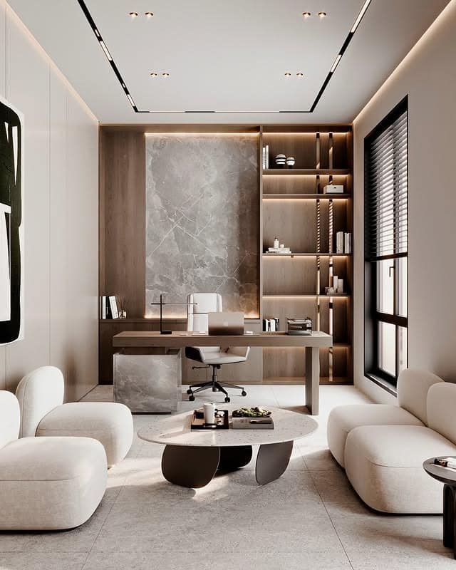 15. Sophisticated Office with Marble and Taupe Tones - simple office ideas